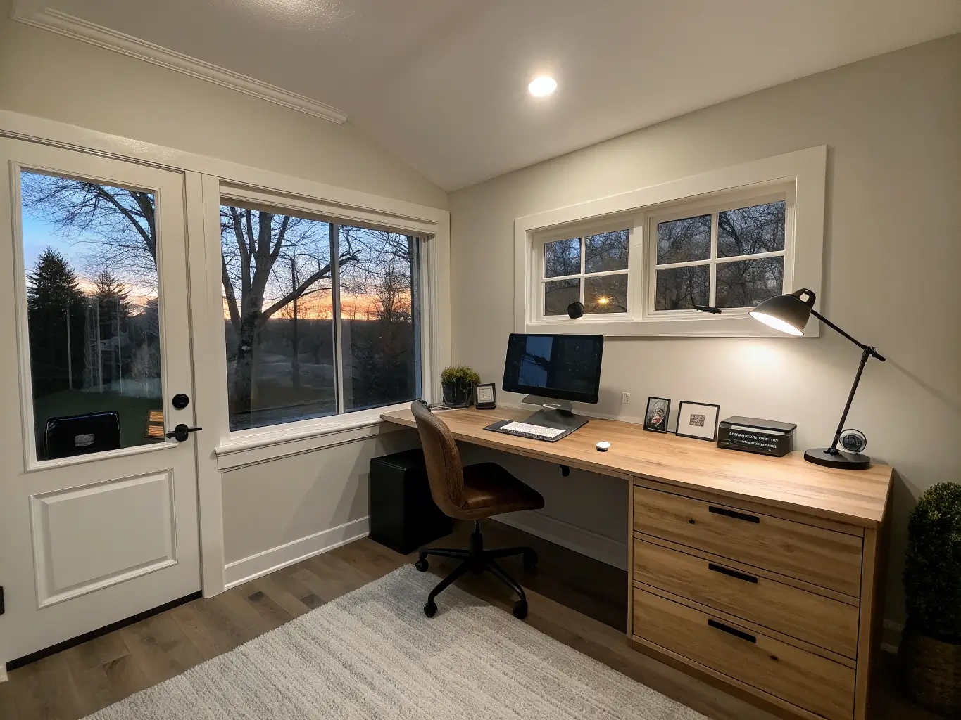 Photorealistic dusk home office with sterile overhead flush light, cold monitor glare, washed-out screen, desk by bare window, and shadowy black accessories in a dull gray-beige room.
