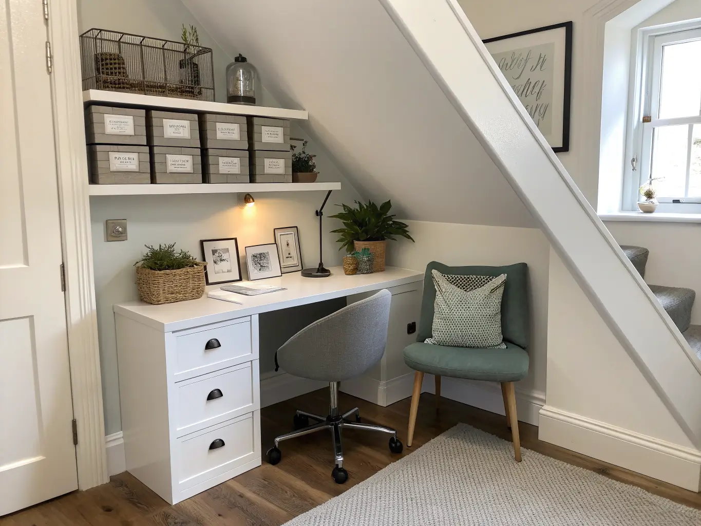 Under-stair nook office with slanted white built-in desk, grey task chair with sage pillow, and wall-mounted shelves with bins, plant, and framed print in soft daylight.