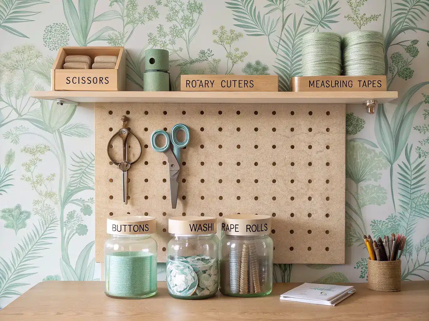 Close-up of a wooden wall-mounted pegboard with sewing tools and pastel thread spools above a cutting table, with labeled glass jars on a shelf against sage botanical wallpaper in warm side light.