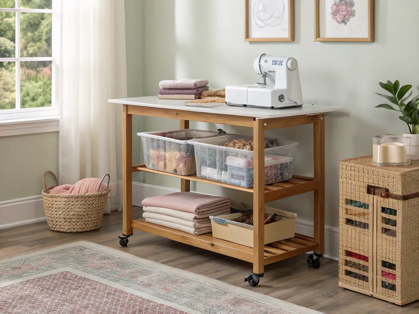 Craft room worktable corner with a three-tier rolling cart holding fabric bins, yarn, and a small sewing machine in soft morning light.
