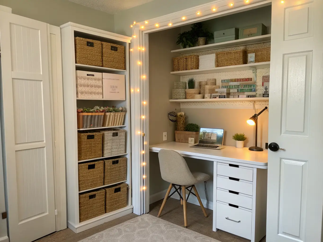 Converted closet craft nook with white floor-to-ceiling shelves, labeled boxes and jars of embroidery floss, slim desk with task lamp and fairy lights, and a stool tucked underneath.