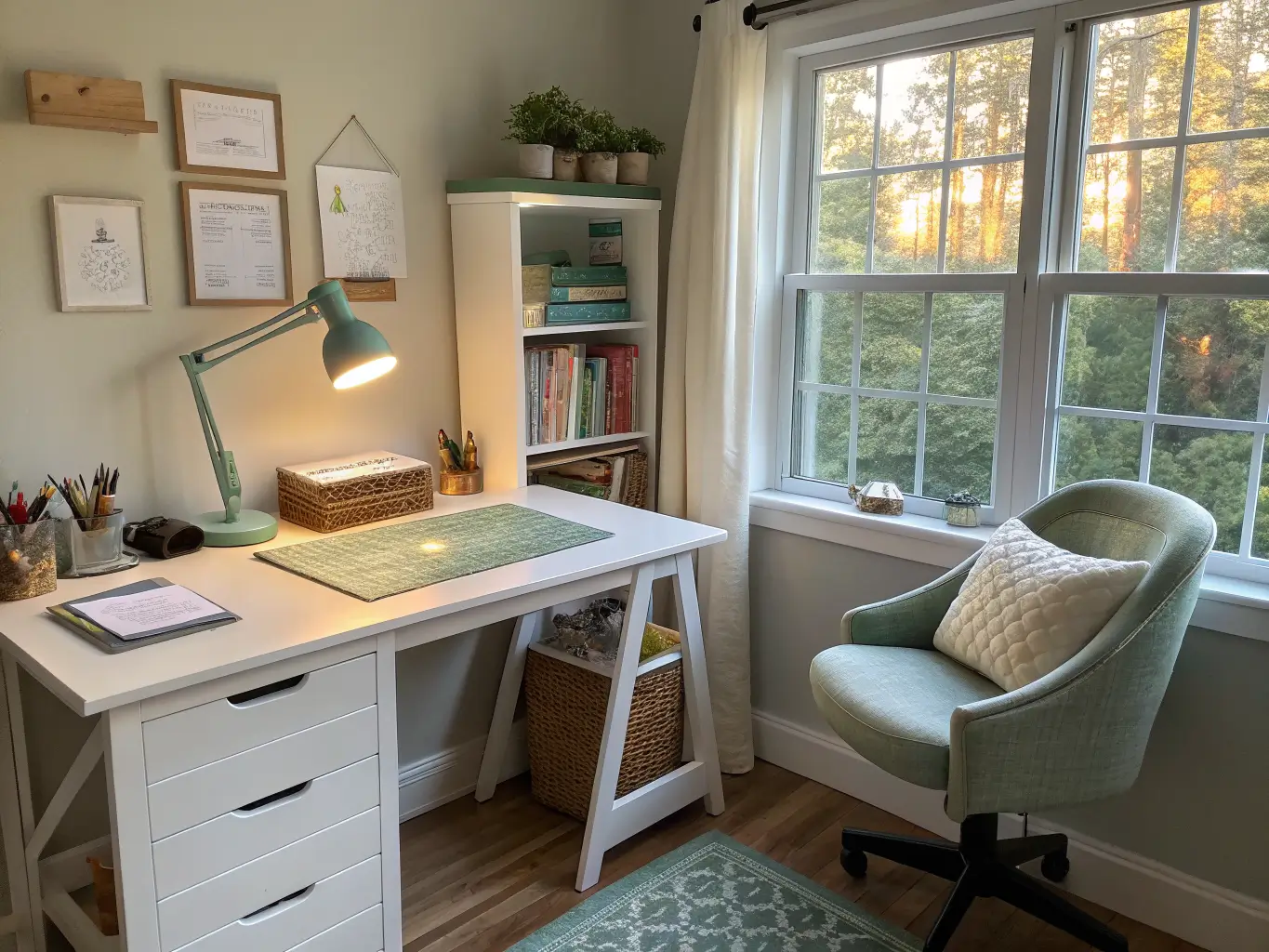 Photorealistic craft room desk by a large window, whitewashed adjustable desk with glowing task lamp over fabric swatches and cutting mat, tufted linen chair with sage knit throw, floating shelf of muted craft books in warm late-afternoon light.