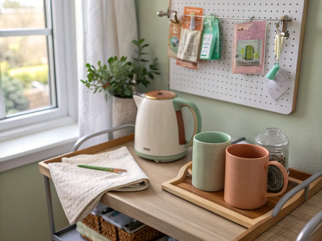 Craft room coffee and tea station on a rolling cart with a cream electric kettle, sage and terracotta mugs, tea tray, and pastel ribbon pegboard in warm window light.