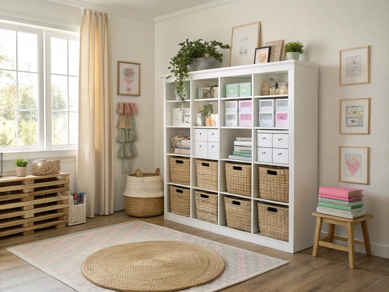 Bright craft room with white oak KALLAX cube shelves of labeled clear bins and baskets, pastel scrapbook pads, gallery wall above, window light through sheer curtain, and jute rug with wooden stool.