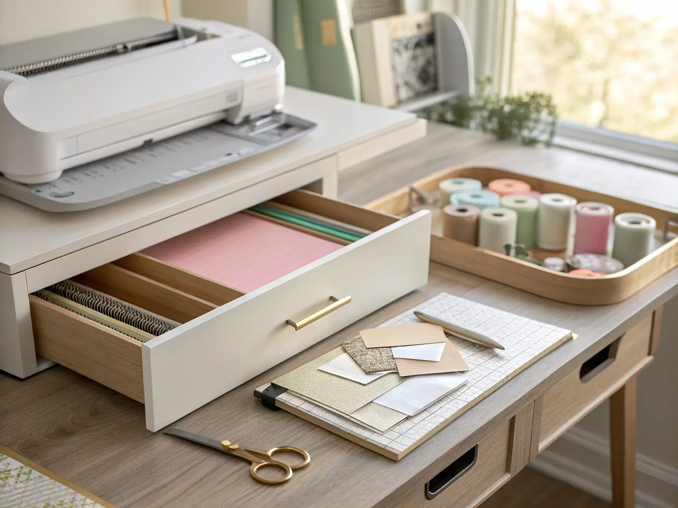 Close-up of an organized craft table with a Cricut-style cutter, gold tray of tools, and a slightly open drawer showing neatly stacked cardstock in cream, sage, and dusty rose.