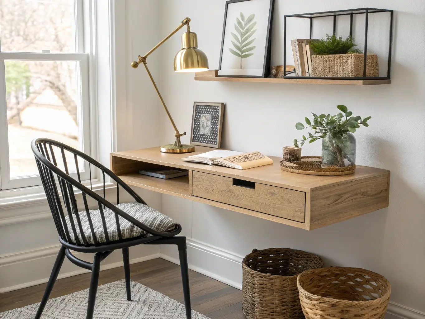 Close-up of a floating oak wall desk with brass task lamp, paper tray, small plant, and rattan baskets below in a minimalist warm white study room.