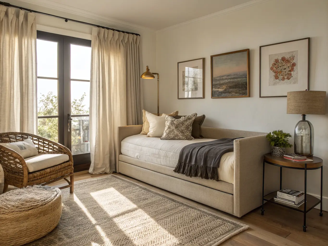 Photorealistic study guest room with oatmeal linen sleeper sofa as a daybed, charcoal throw and pillows, golden light through greige curtains, side table with brass lamp and water carafe, oak floors, jute rug, cane chair, and muted abstract art.