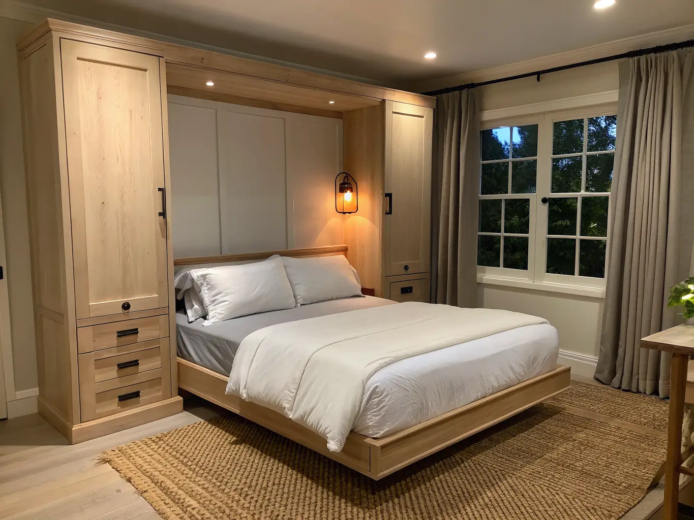 Murphy bed open in a greige study guest room at dusk, white linens, pale oak built-ins, warm wall sconce, jute rug, and sheer curtains with cool evening light.