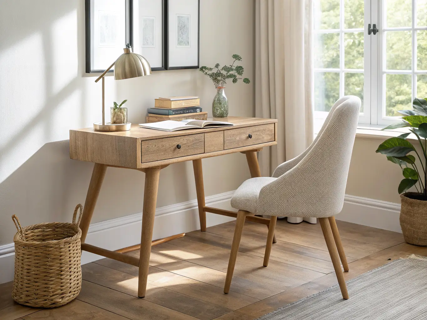 Slim wooden desk with oatmeal bouclé chair by a sunlit window with sheer curtains, styled with a woven basket, brass lamp, notebooks, and a trailing plant on the sill.