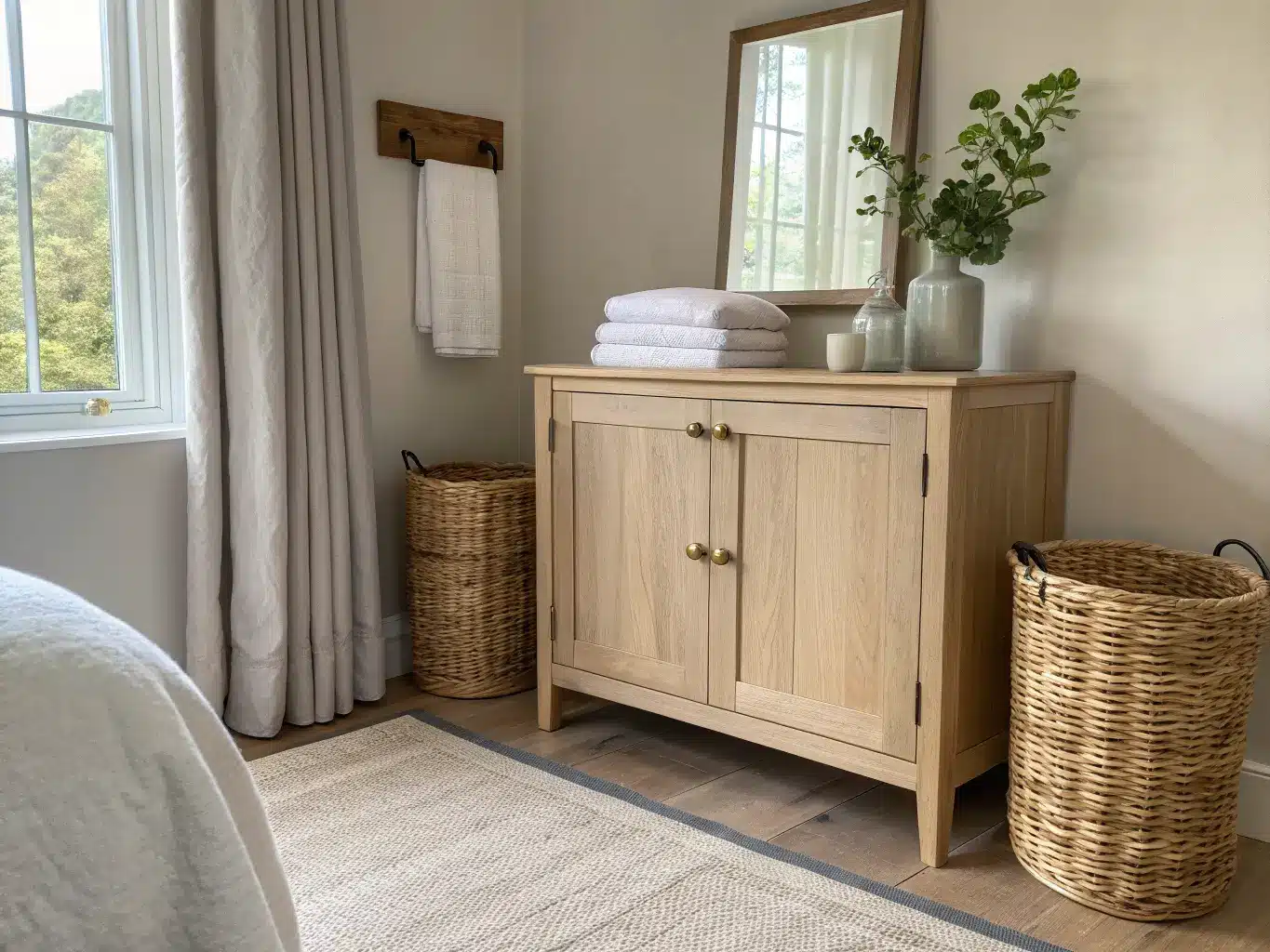 Study guest room corner with low oak cabinet, woven baskets on jute rug, and soft light through linen curtains.