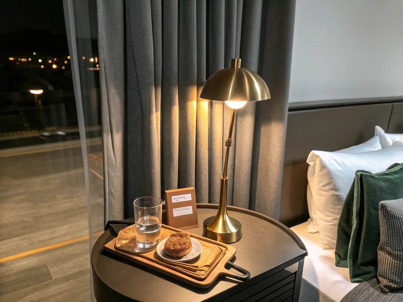 Warmly lit guest study room at night with a daybed in crisp linens, charcoal throw, bedside lamp, and nightstand tray with water, towel, and snacks, curtains nearly closed.