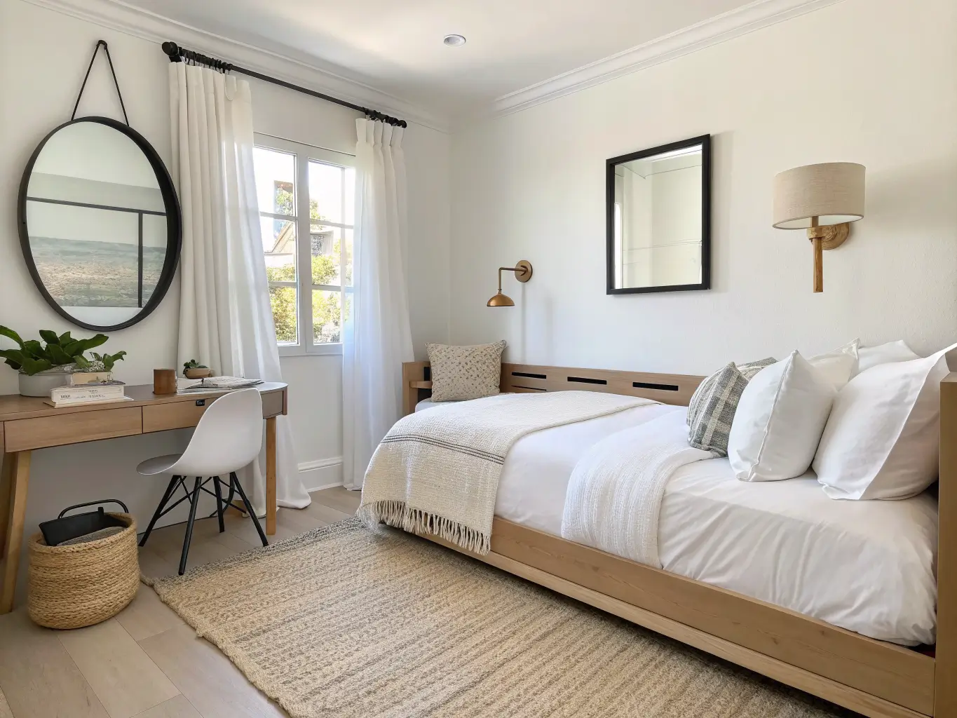 Wide-angle photorealistic view of a minimal hotel-style study guest room with white bedding on a pale oak daybed, floating desk with black-framed mirror, brass reading sconce, and soft daylight through sheer curtains.
