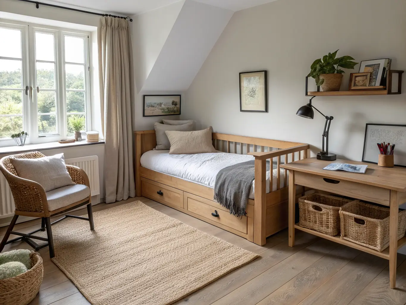 High-corner view of a warm greige study guest room with a pale oak daybed and linen bedding, a compact desk under a window with gauzy curtains, storage baskets, and soft midday light on an oak floor and jute rug.
