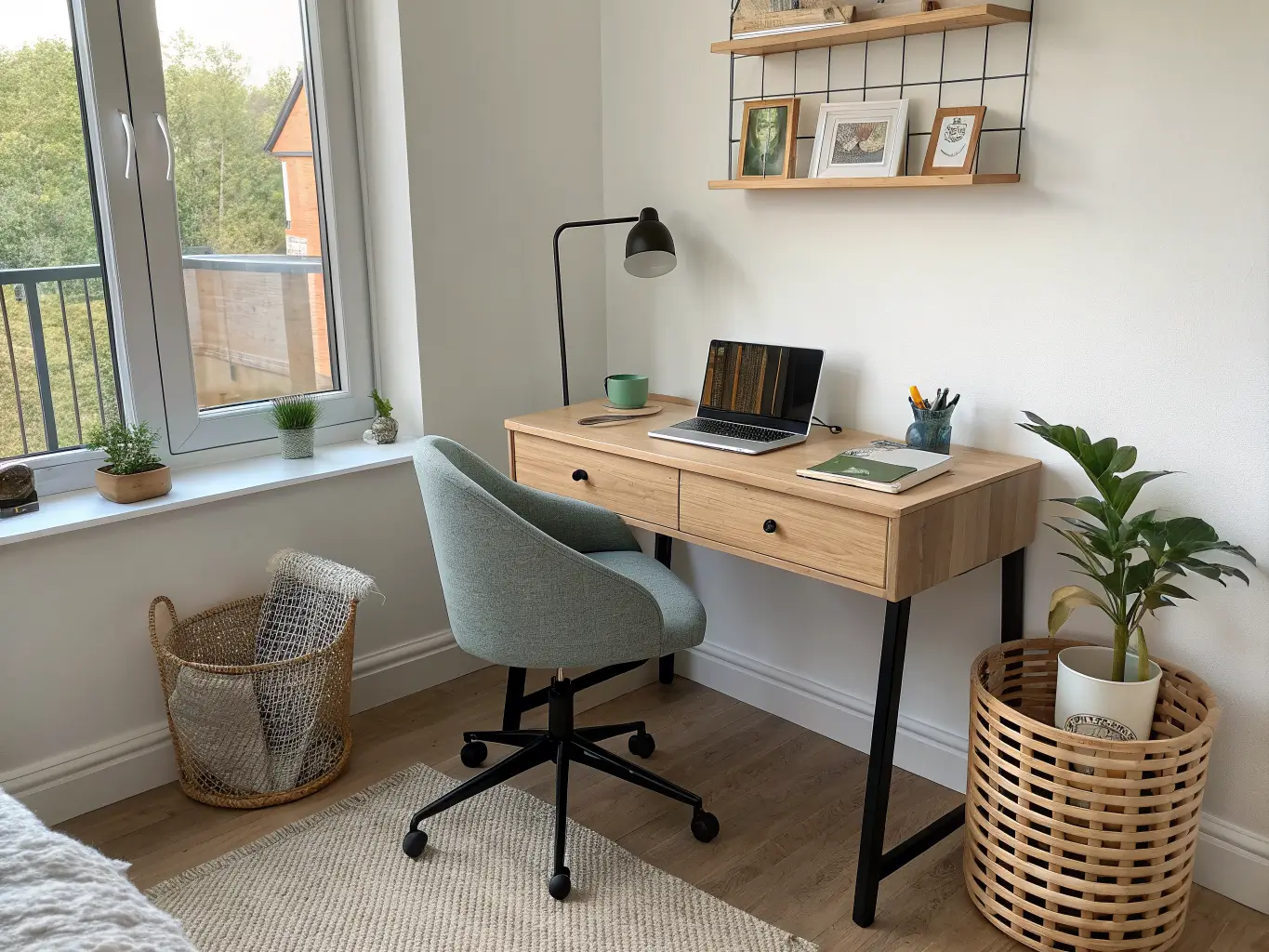 Compact bedroom corner home office with light oak desk, grey mesh chair, window daylight and warm task lamp, sage accents, shelves with throw and pothos plant.
