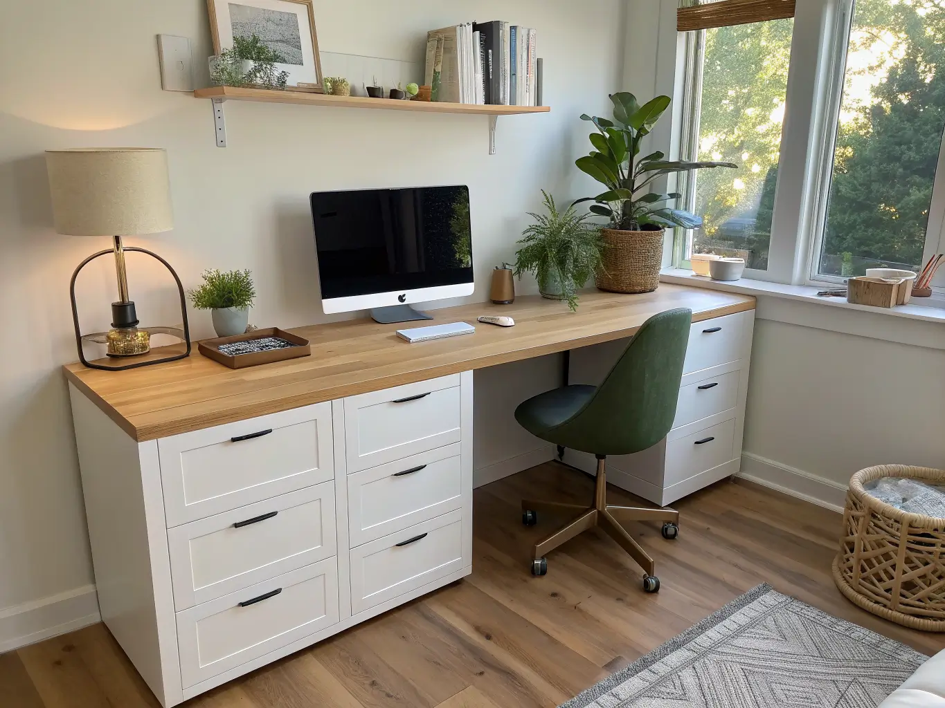 Wide shot of a sunlit home office nook with a light oak butcherblock desk on white drawer units, oak slat accent wall, black task lamp, and a sage planter with snake plant.