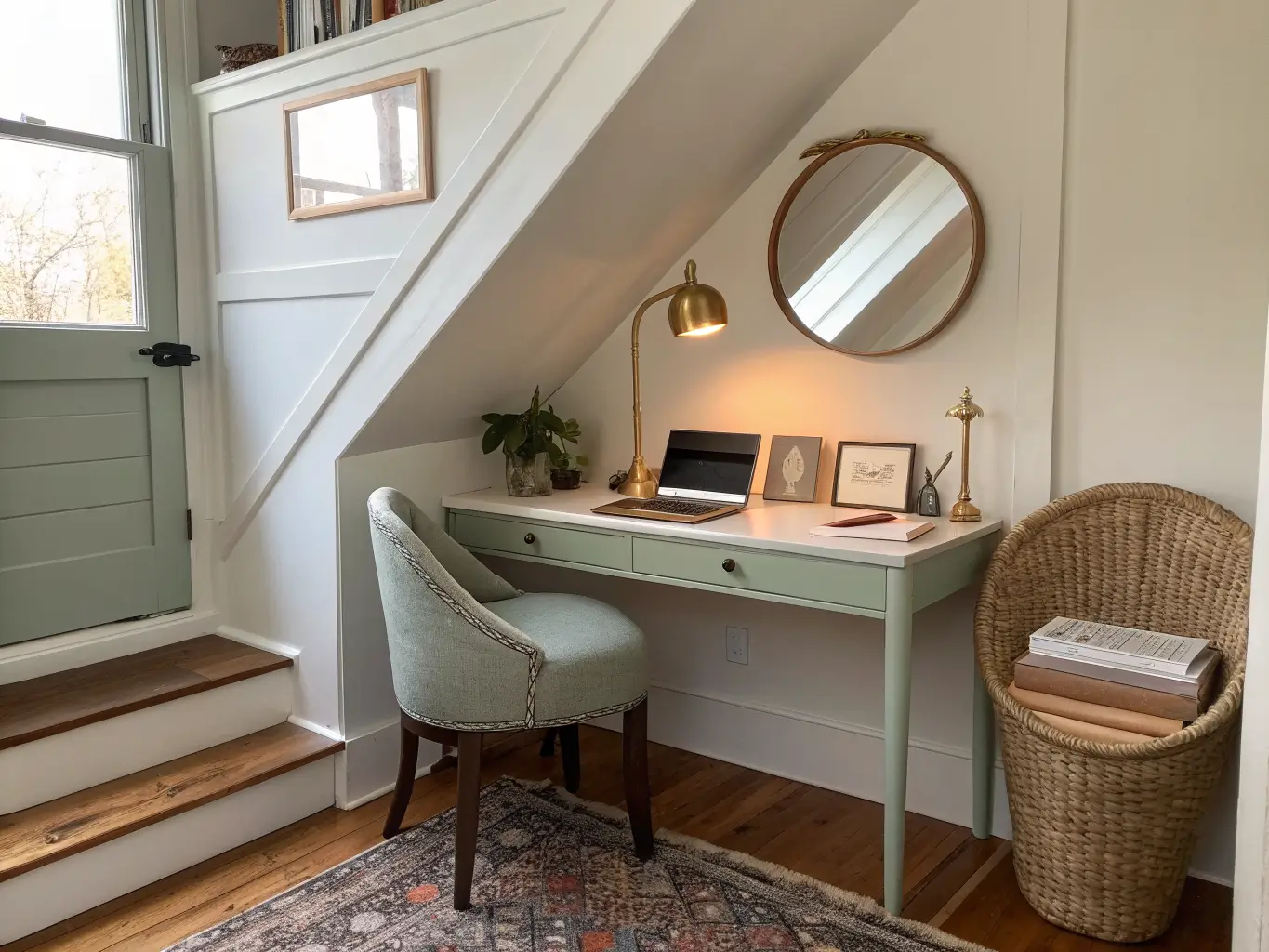 Photorealistic under-stairs office nook with sage walls, sloped white ceiling, floating pale wood desk with laptop and brass lamp, woven chair on jute rug, and round mirror reflecting soft daylight.