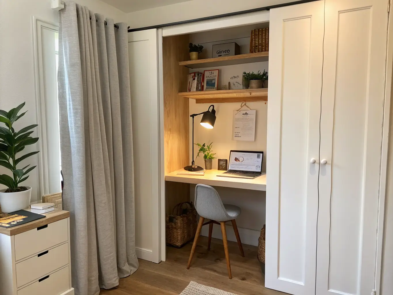 Narrow reach-in closet opened to reveal a hidden home office with a white shelf desk, oak stool, linen curtain, notes, headphones hook, and trailing plant in warm afternoon light.