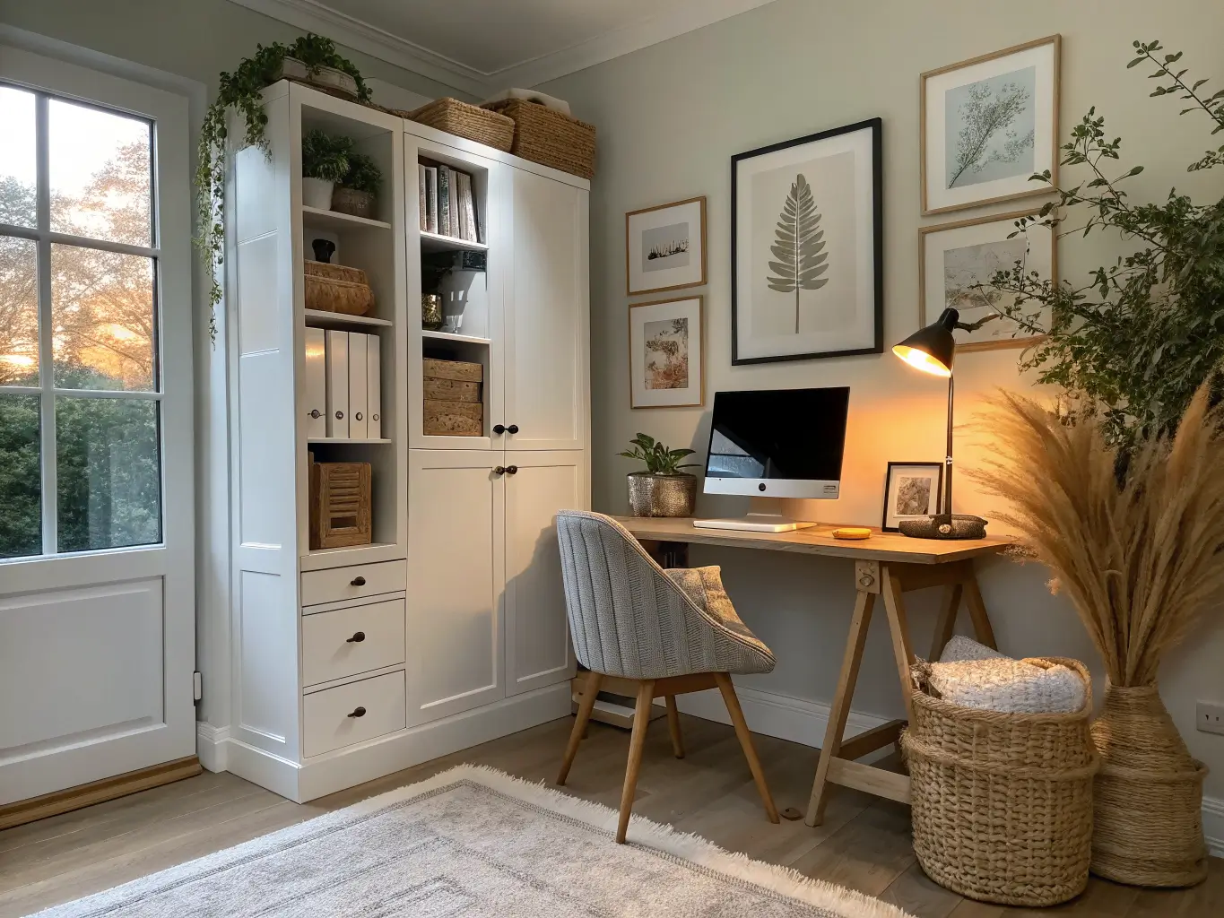 Living-room corner home office nook with white closed-door bookcase, light oak desk, grey chair, woven basket, botanical print, and sage-green vase in warm golden-hour light.