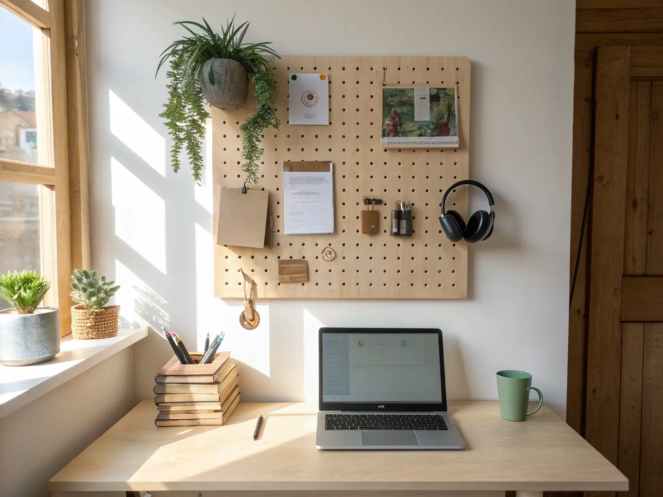 Wall-mounted birch pegboard above a light oak desk with succulent, headphones, and pinned notes, lit by morning side light with crisp shadows, plus laptop, notebooks, sage mug, and rattan mirror.