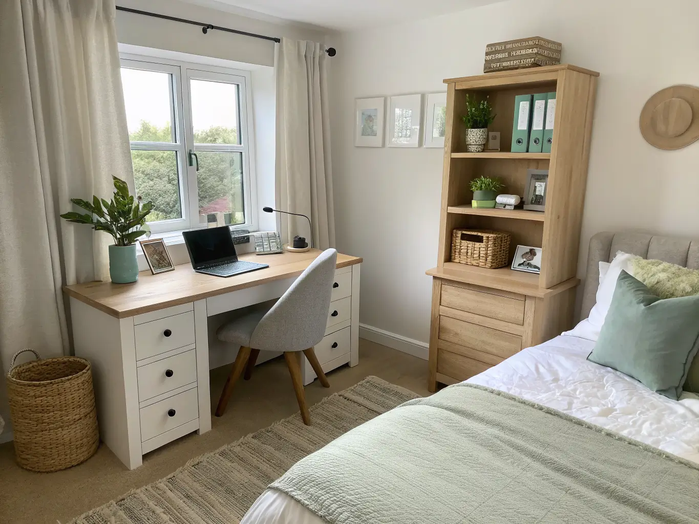 Wide doorway view of a calm guest bedroom home office with an oak desk and ergonomic oatmeal chair by a window with linen curtain, a white bed with a sage-green pillow, and a white cube storage unit with sage doors topped with a plant and woven basket.