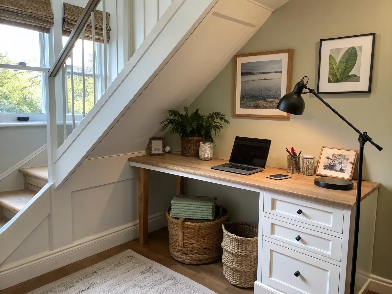 Close-up of a cozy under-stairs home office nook with a custom light oak desk, black task lamp over a laptop, warm afternoon light, white walls, and a trailing plant.
