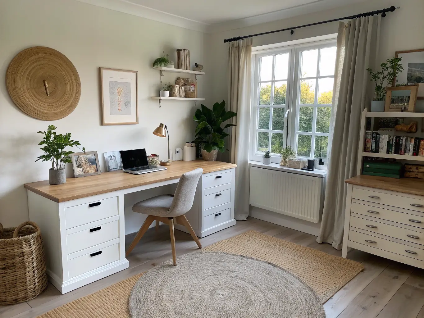 Wide shared living-work room with oak desk on white drawers against soft-white fluted slat accent wall, sunlit window with sheer curtains, jute rug, fig plant, and sage-green vase.