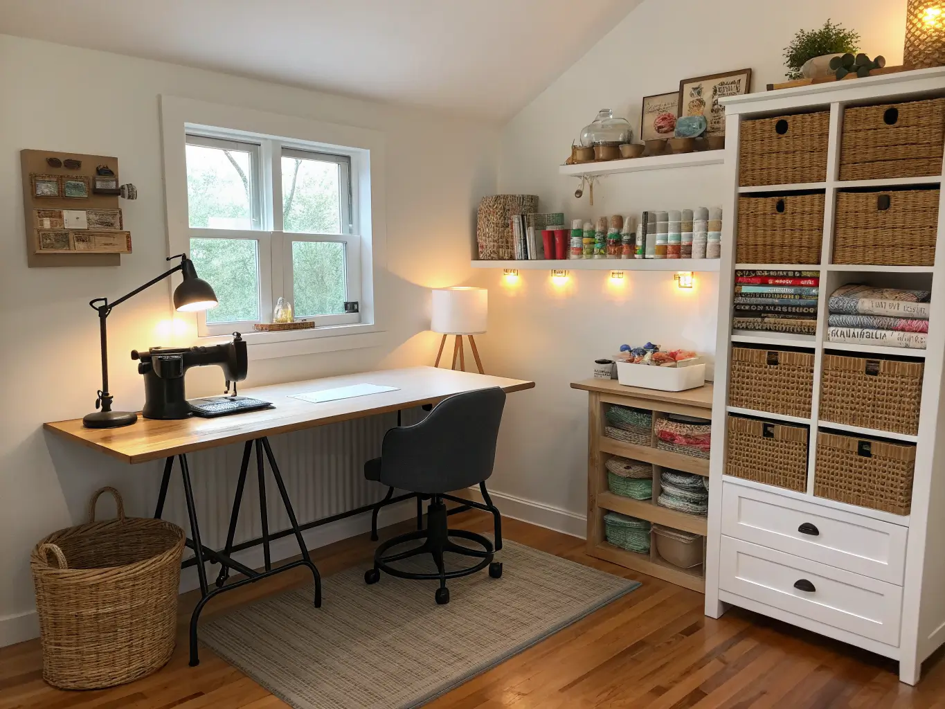 Photorealistic corner view of an L-shaped craft room with a black sewing machine on an oak table, a white cutting table, oak shelves of neutral fabric, and warm late-afternoon light.