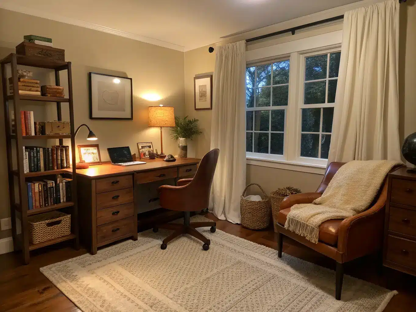 Wide corner view of a cozy spare-bedroom office at night with warm lamplight, walnut desk on an oatmeal rug, cognac leather chair, floor lamp by a rattan chair with knit throw, ivory linen curtains, and styled wood shelves.