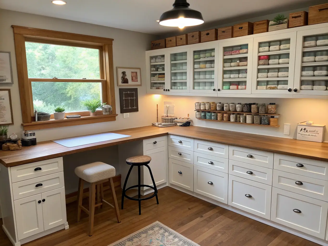 Photorealistic wide shot of a U-shaped craft room with warm oak butcher-block worktops, white cabinetry, black pegboards, morning window light, labeled shelves of jars and organizers, and a stool centered in the workspace.