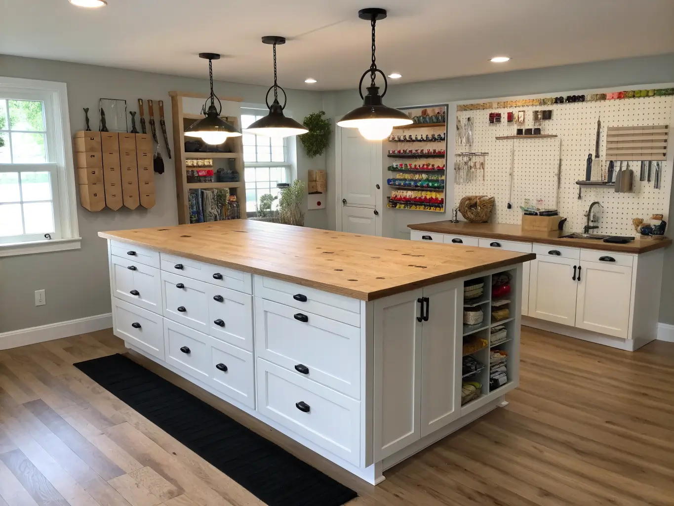 Photorealistic craft room with a large oak butcher-block island, white cabinets, black pegboard tool wall, pendant and task lighting, and light oak floors.