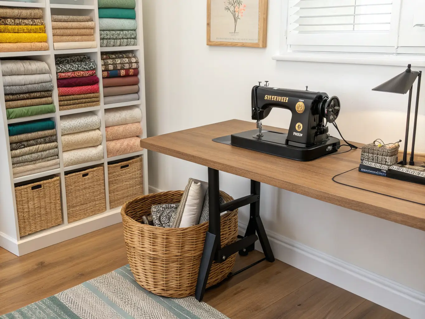 Photorealistic craft room sewing station with black sewing machine on an oak table, wicker thread basket and pincushion, gradient fabric rolls on white shelves, and a wall-mounted thread rack in soft afternoon light.