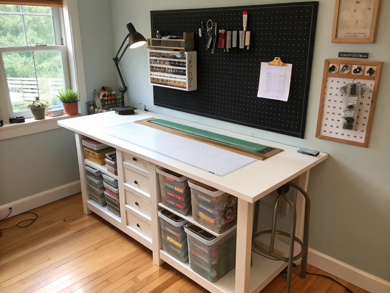 Photorealistic wide view of a craft studio cutting station with a tall white cutting table, rotary cutter and acrylic ruler on a gridded mat, black pegboard with tools, brass clamp lamp, and oak shelving in bright daylight.
