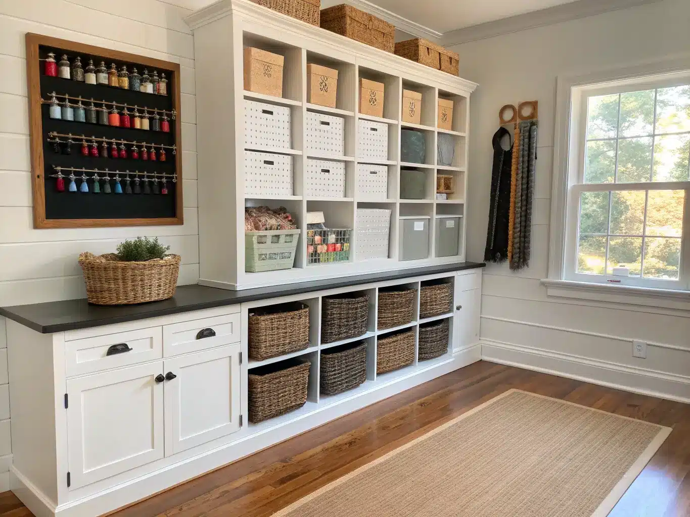Photorealistic craft room storage wall with white shelves of color-sorted folded fabric, labeled bins, acrylic ribbon organizers, woven basket, brass labels, and adjacent black pegboard tools in warm late-day light.