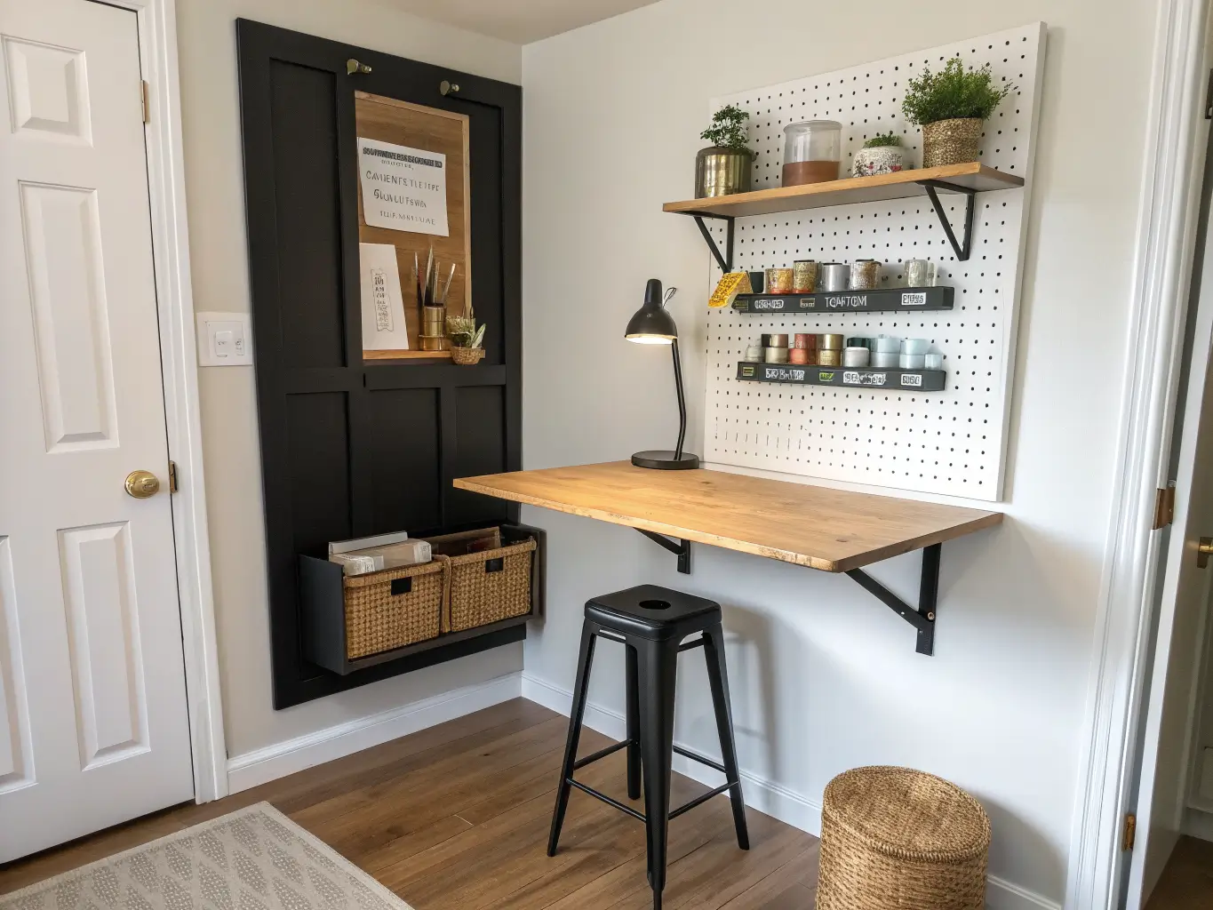 Photorealistic small craft nook in a closet-sized space with a fold-down oak table, black folding stool, pegboard tools, floating shelf with jars, and a clip-on task lamp in soft daylight