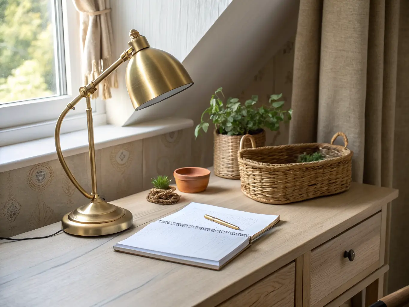 Close-up of a pale oak home office desk in soft morning light with a brass lamp, leather notebook, terracotta pothos plant, woven basket of cords, and a warm greige grasscloth wall behind.