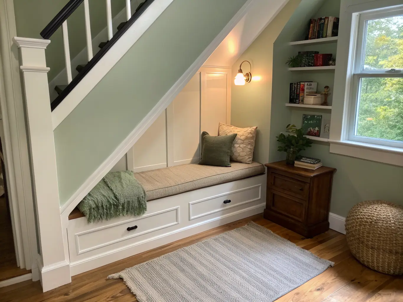 Photorealistic under-stair reading nook with sage sloped ceiling, built-in bench with oatmeal cushion, brass sconce, books, jute rug on white oak floor, and warm late-afternoon sunlight.