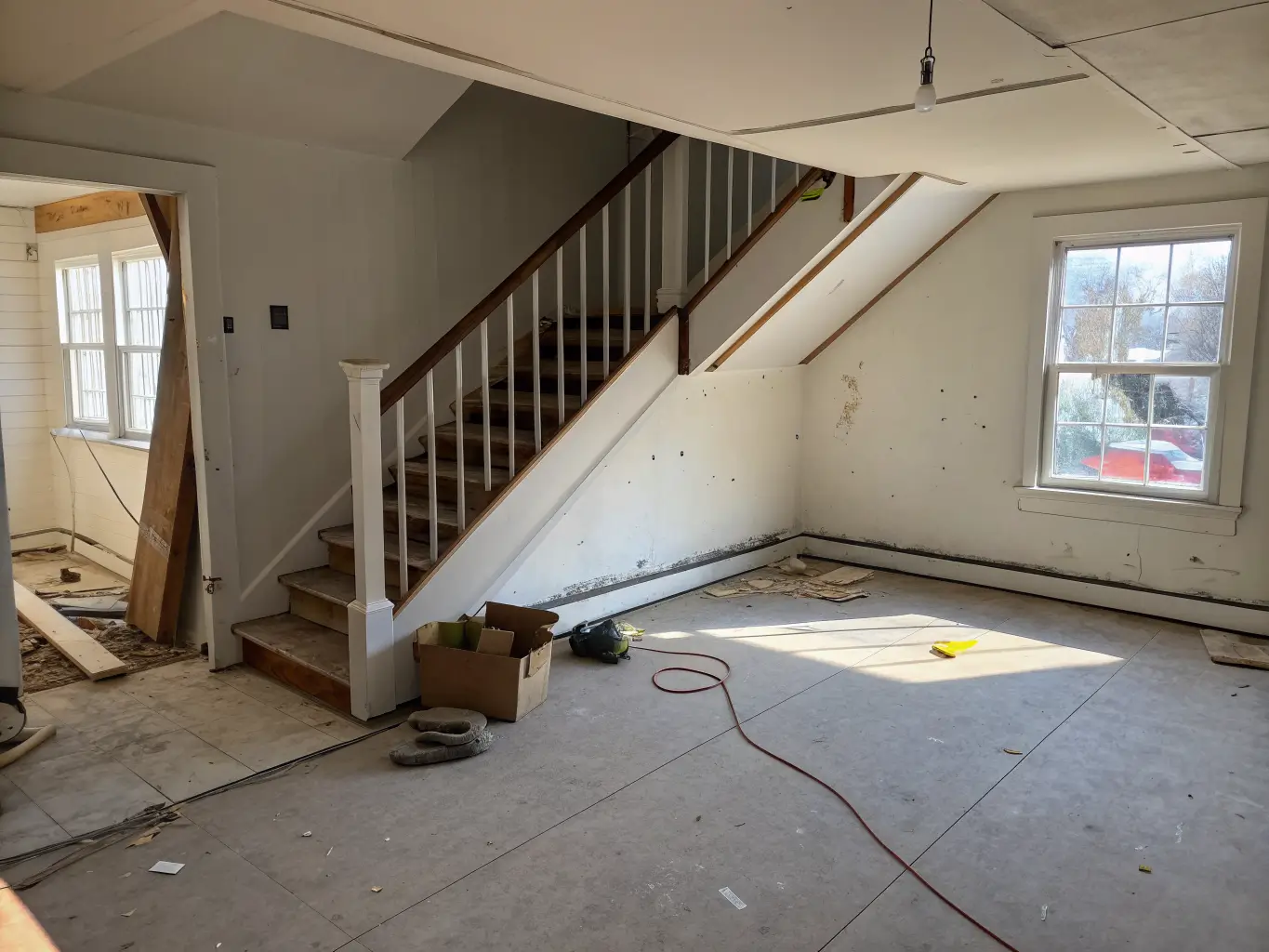 Empty triangular under-stair dead space with bare drywall, scuffed baseboards, extension cord, shoes, cardboard box, and dusty side light casting long shadows.
