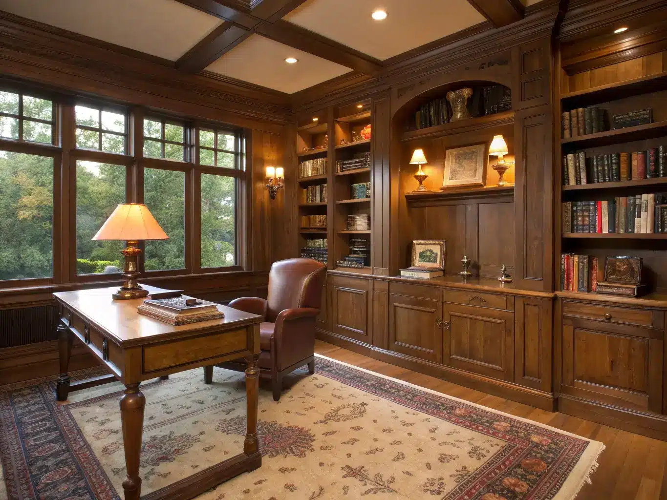 Photorealistic cozy traditional home office with floor-to-ceiling walnut bookshelves, a central partners desk on a terracotta rug, leather chair, and warm late-afternoon light with glowing table lamp.