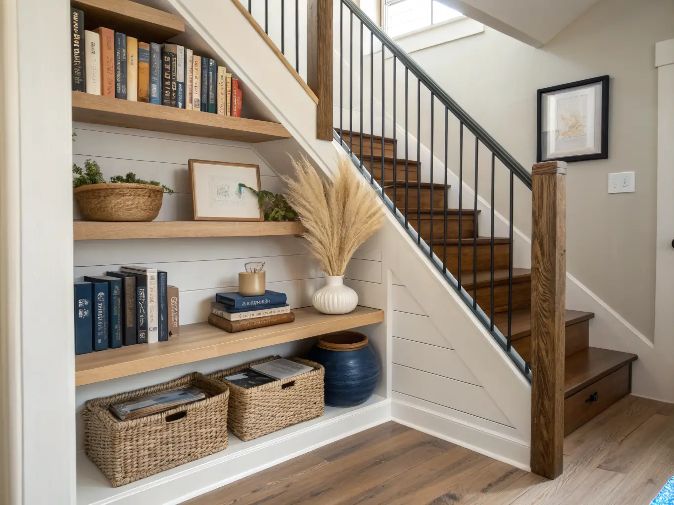 Under-stair nook with floating birch shelves following the stair slope, styled with books, a ceramic vase with dried pampas, and a woven basket against a sage wall in soft morning light.