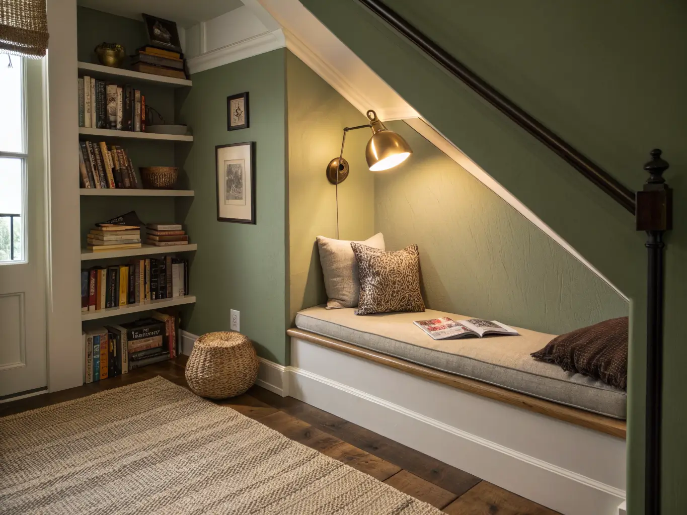 Brass wall sconce and subtle LED strip light illuminate an open book on a linen cushion in an under-stair reading nook at night.