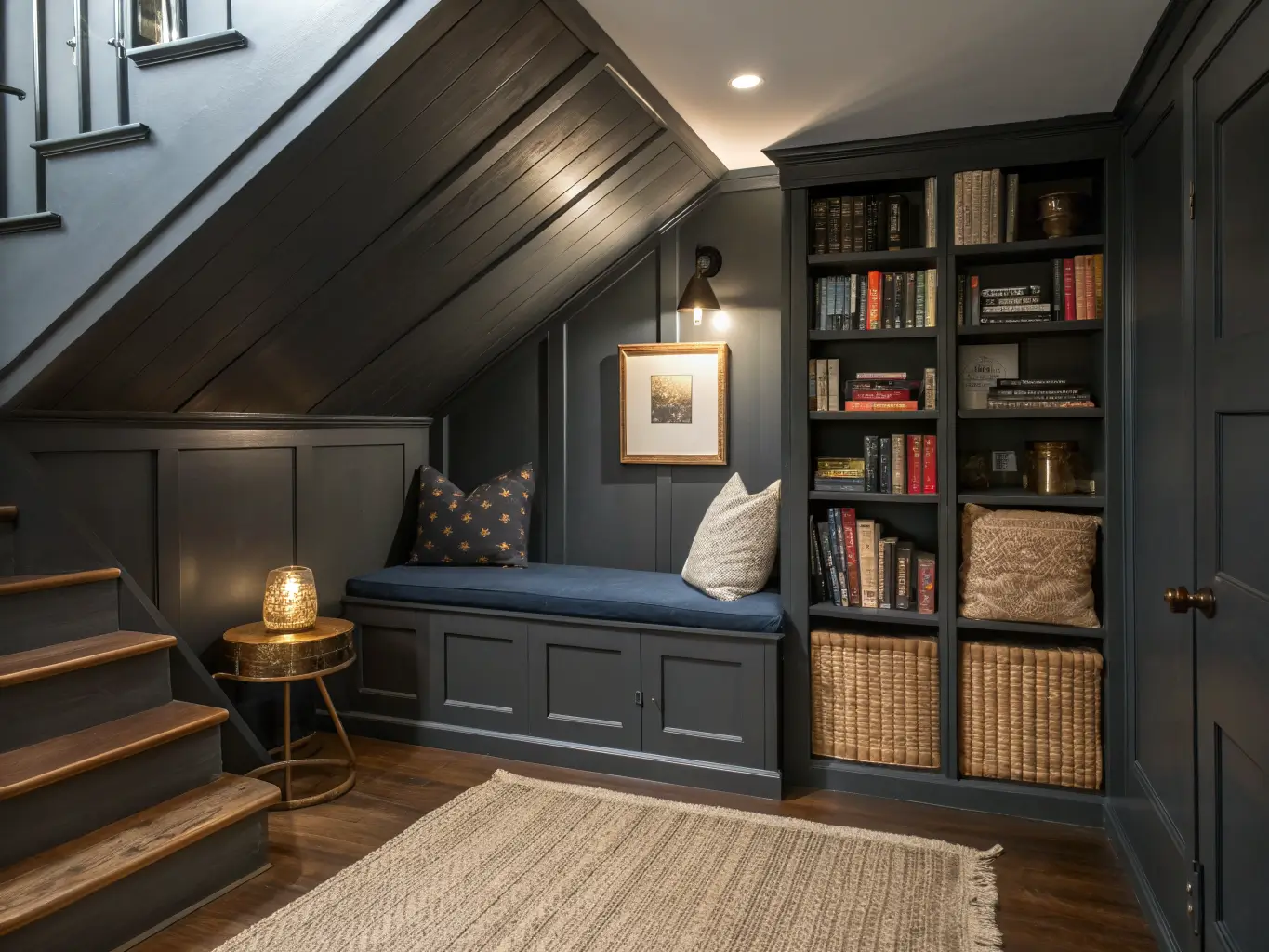 Moody under-stair library nook with charcoal walls, dark walnut bench with navy cushion, brass sconce and picture light over book-filled shelves, warm evening lighting.