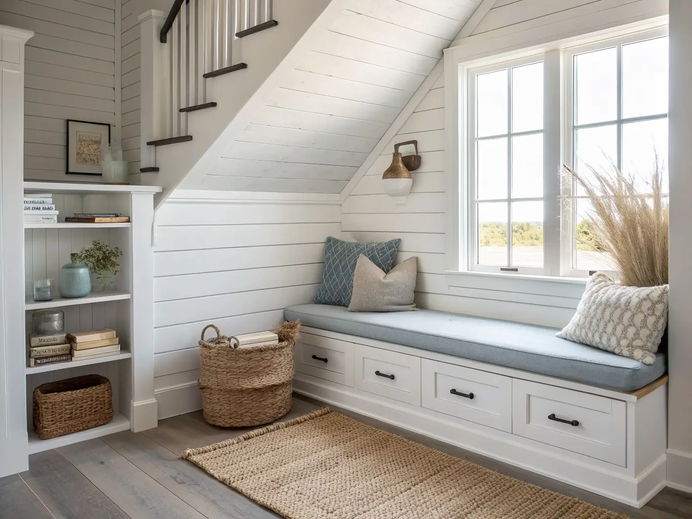 Photorealistic coastal under-stair nook with whitewashed shiplap, pale birch built-in bench with blue-gray cushion, jute rug, driftwood shelf with books and vase, and matte black sconce in bright natural light.