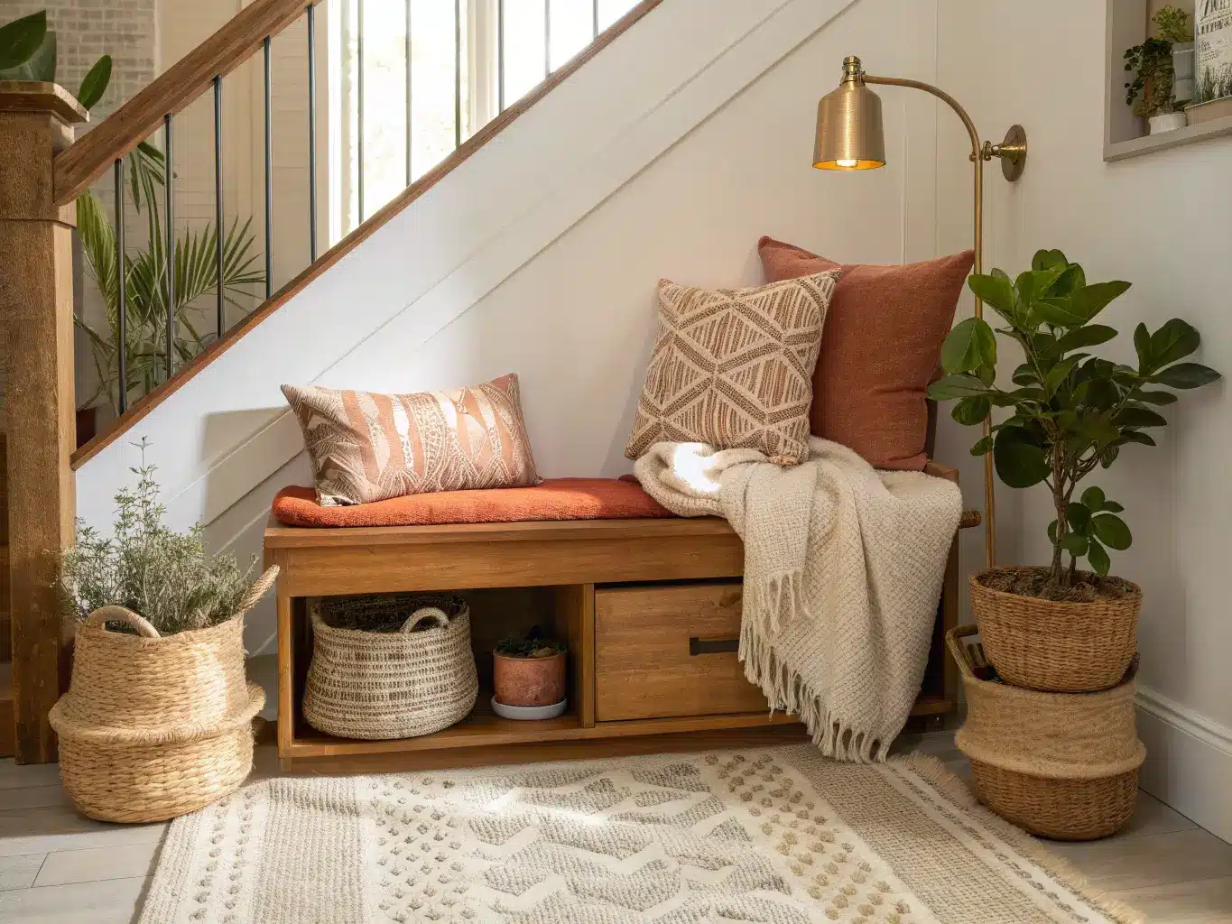 Photorealistic boho under-stair reading nook with layered linen cushions on a wood bench, rattan basket with throw, trailing plant on a shelf, jute rug, brass sconce, sage wall, and warm golden-hour light.