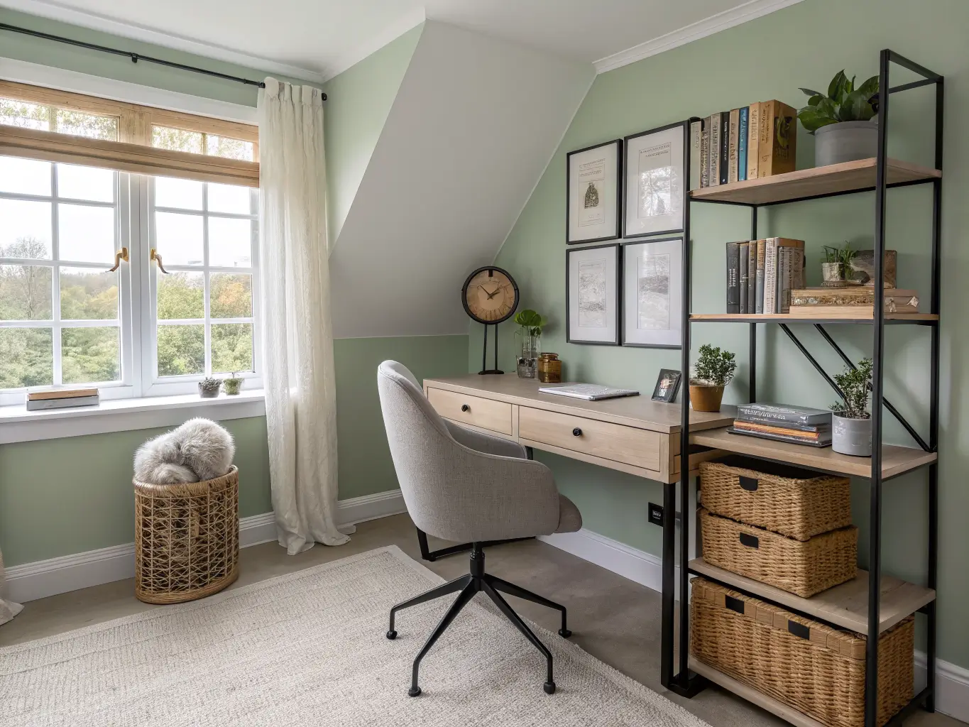 Soft-neutral home office corner with pale oak desk by a window, muted sage accent wall, warm gray ergonomic chair, open oak shelves with books and plant, jute rug, and sheer linen curtains in bright morning light.