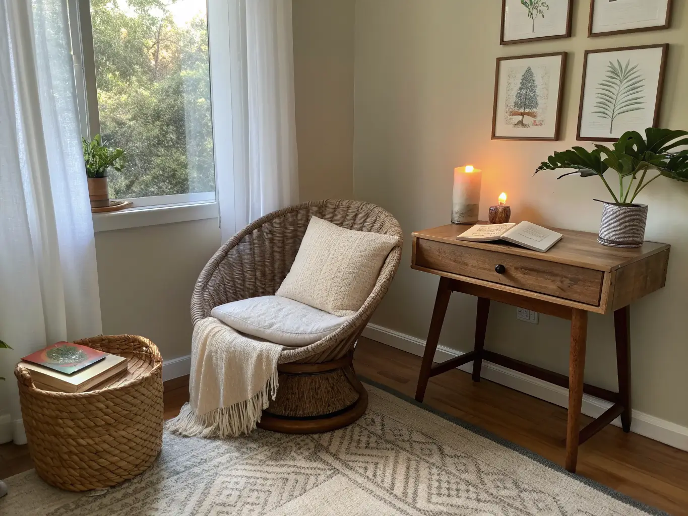 Cozy reading nook beside a home office desk with rattan chair, wool cushion, knit throw, jute rug, side table with candle and books, and a botanical print in warm afternoon light.