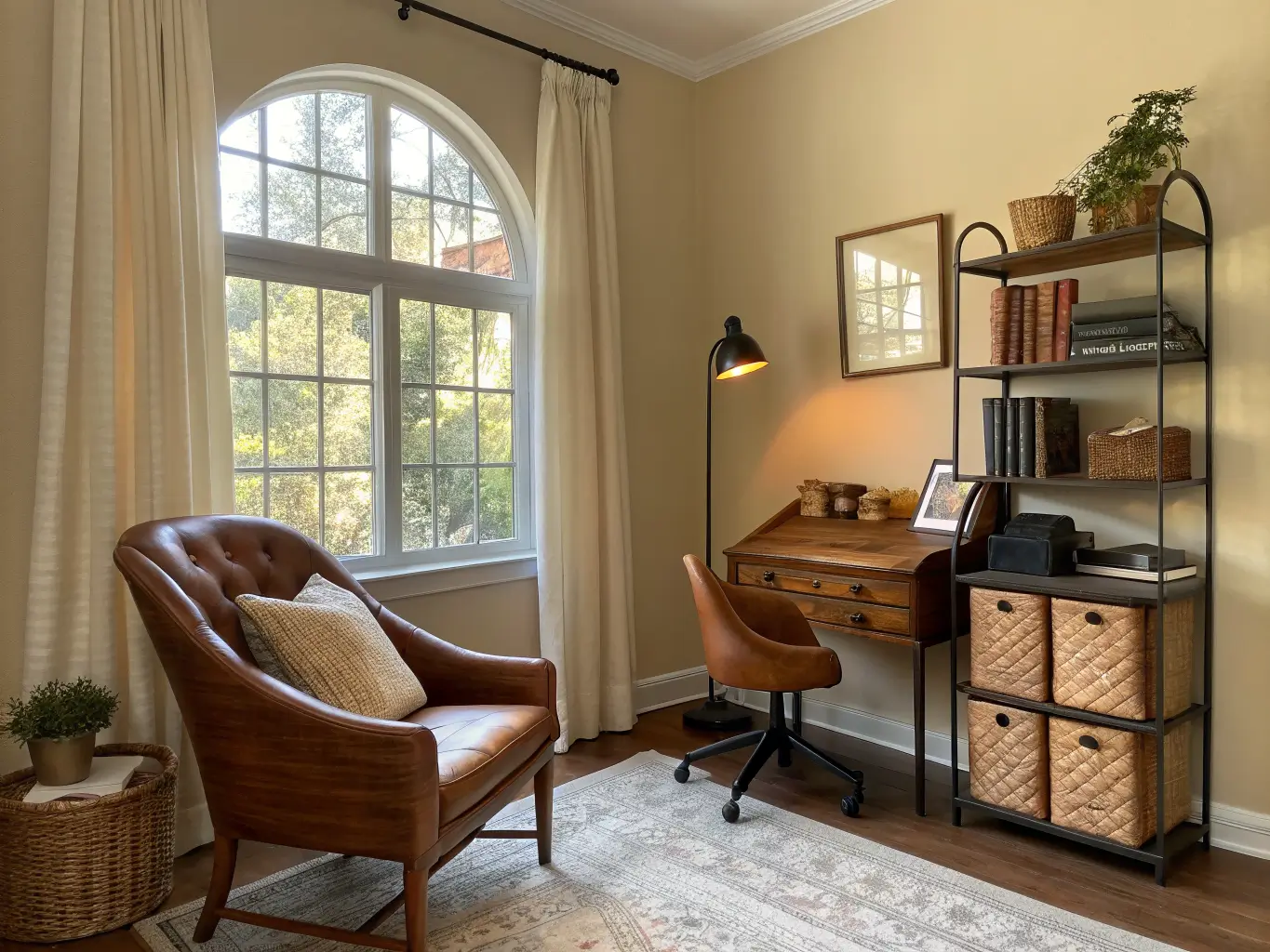 Cozy living room nook with walnut desk and caramel leather chair by a tall arched window, lounge chair with wool throw, floor lamp, and shelving in warm golden light.