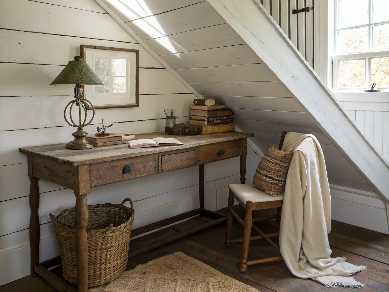 Farmhouse study nook under a staircase with a reclaimed wood desk, cream bench textiles, brass lamp, books and inkwell pen holder, and morning light from a round window on white shiplap walls.