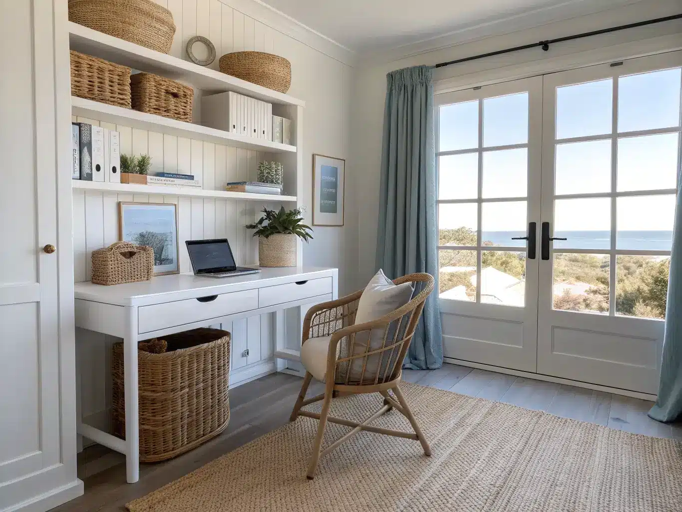 Sunlit coastal home office with whitewashed walls, white oak desk by a window, rattan chair, jute rug, seagrass baskets, and dusty blue linen curtains.