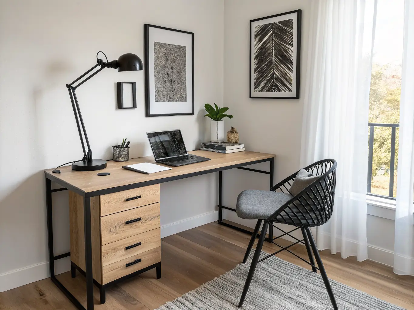 Minimalist modern home office with black L-shaped desk, pale oak drawers, task lamp, laptop stand, wire-frame chair, abstract print, and floor-to-ceiling window in crisp midday light.