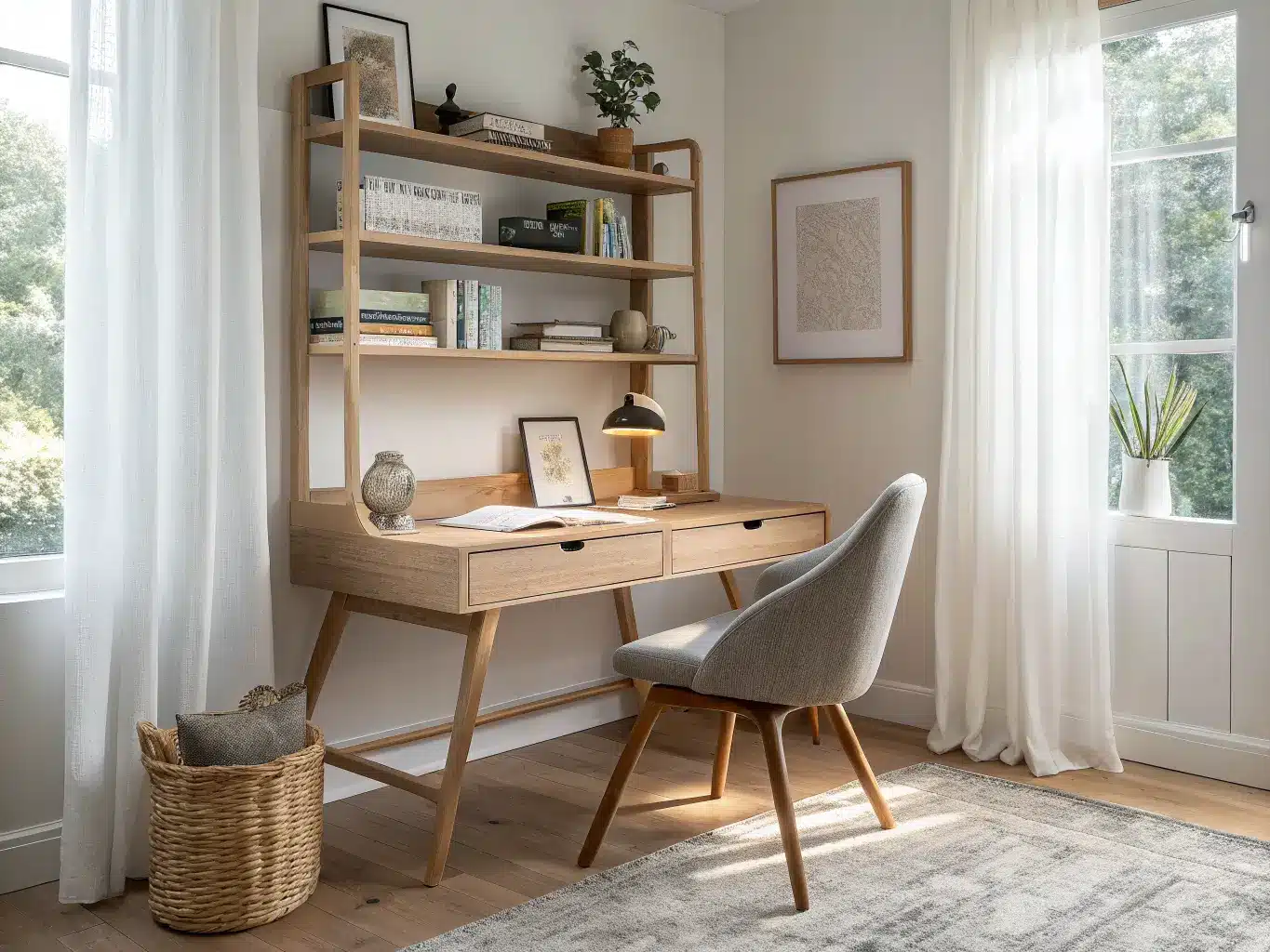 Head-on view of a Scandinavian study nook with a pale oak desk and floating shelves framing a window with sheer curtains, an oatmeal boucle task chair on a cream-and-gray rug, and minimal decor in warm daylight.